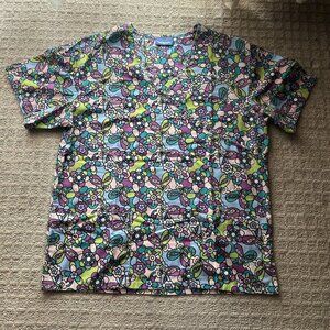 Carols Scrub Top Womens Medium Multicolor Butterflies Flowers Floral Nurse